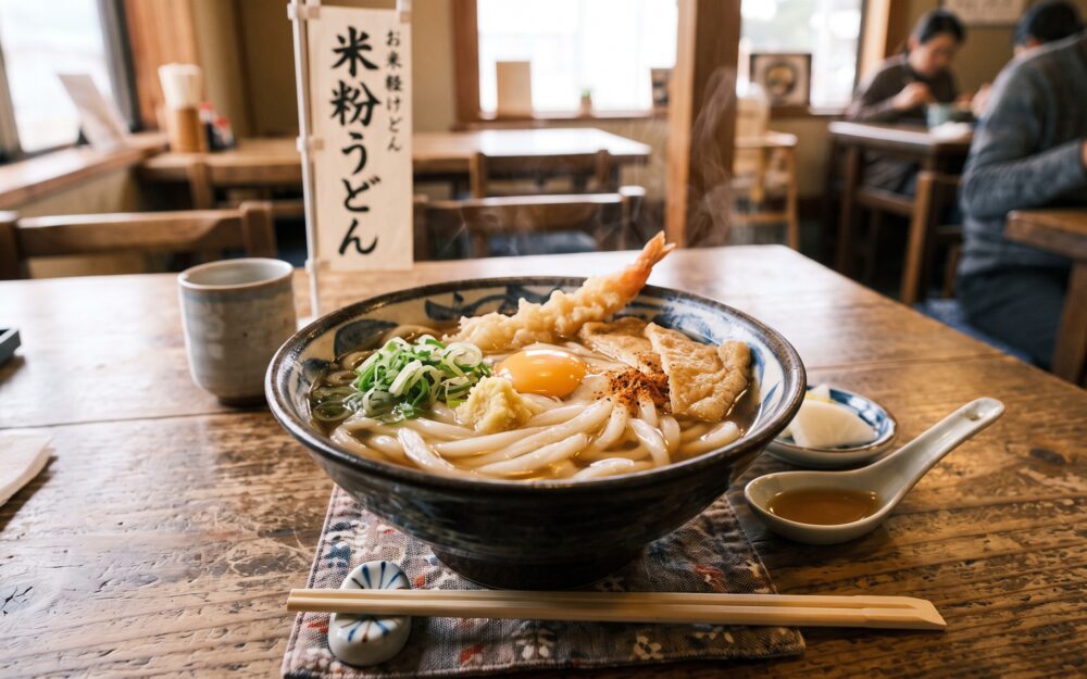黒い和食器に盛られた、つややかな米粉うどんと刻みねぎ。傍らに数粒の米。広島発・無添加グルテンフリー「米粉うどん」のコラム用イメージ。