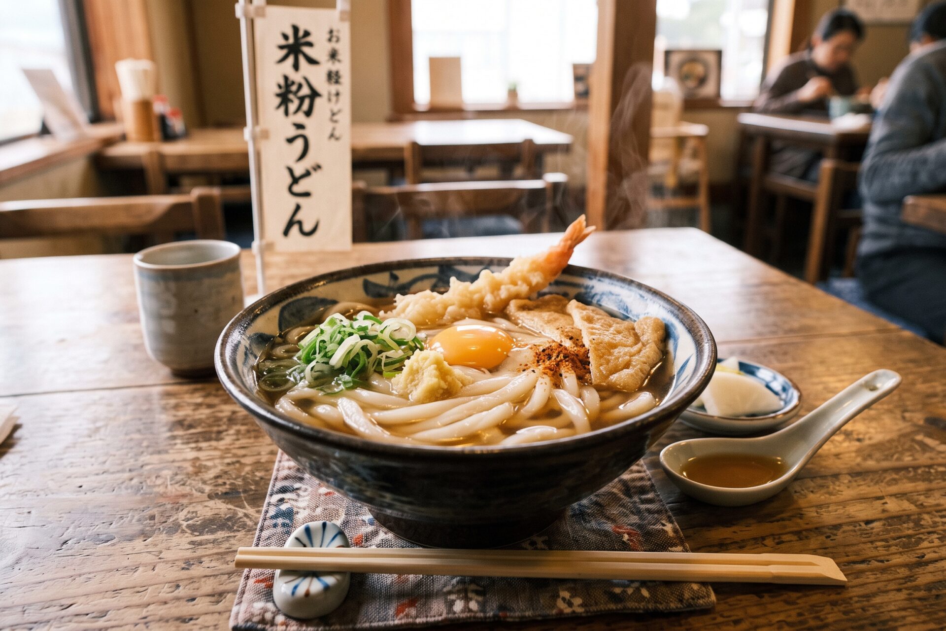 黒い和食器に盛られた、つややかな米粉うどんと刻みねぎ。傍らに数粒の米。広島発・無添加グルテンフリー「米粉うどん」のコラム用イメージ。