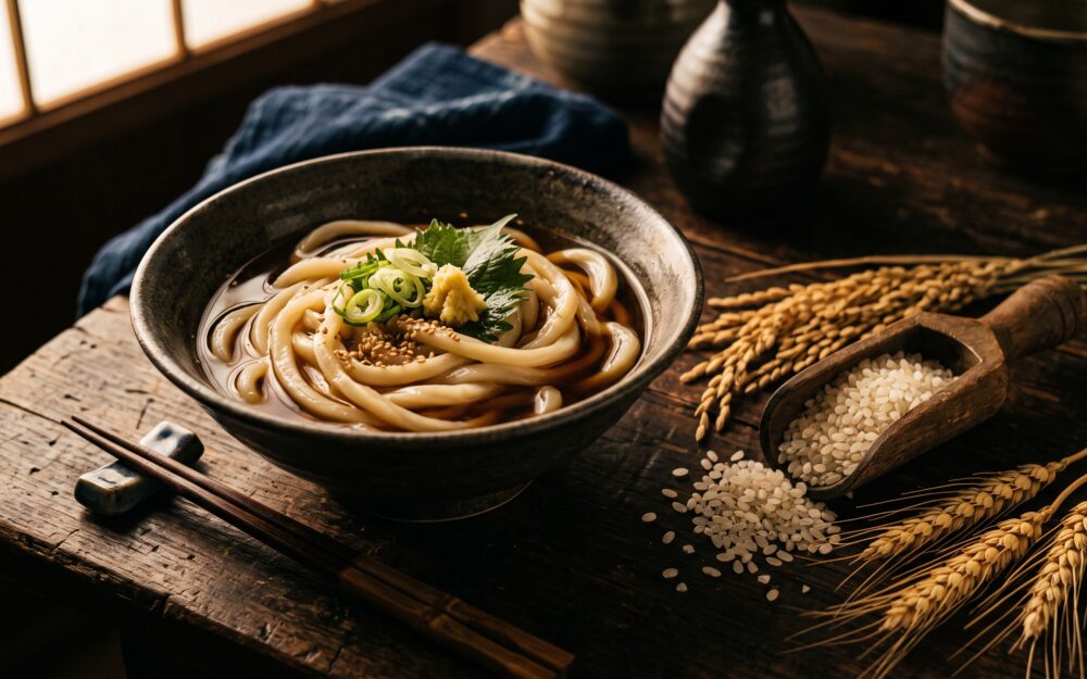 米粉うどんの一杯と、米粒・麦の穂を添えた情景。小麦粉の歴史と日本人の米食文化を語る、広島発グルテンフリー米粉うどんのコラム用イメージ。