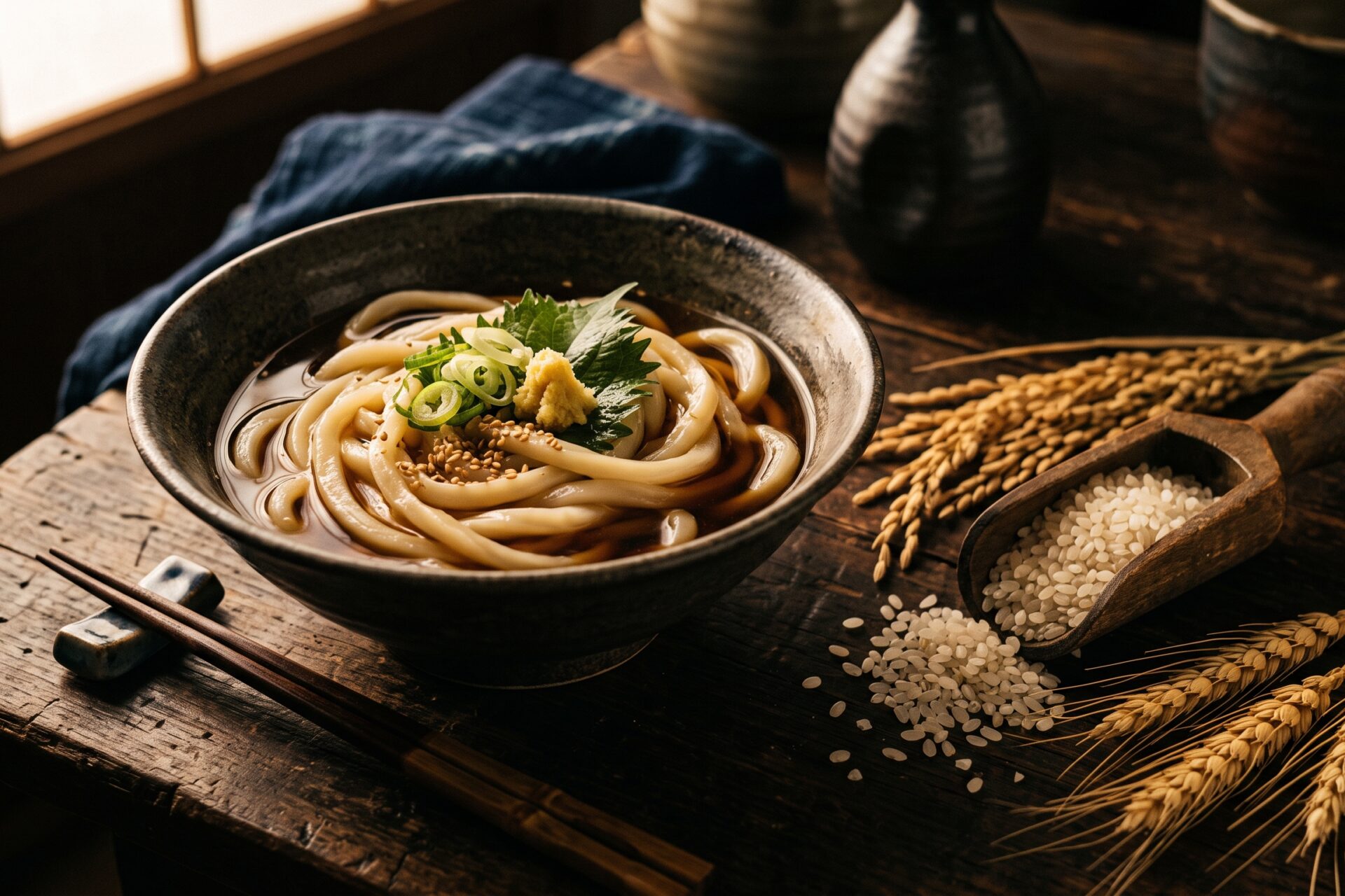 米粉うどんの一杯と、米粒・麦の穂を添えた情景。小麦粉の歴史と日本人の米食文化を語る、広島発グルテンフリー米粉うどんのコラム用イメージ。