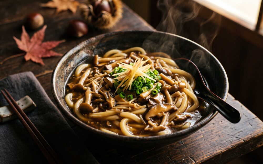 きのこあんかけの湯気立つ米粉うどん。秋の根菜や生姜を添えた、広島発・無添加グルテンフリー米粉うどんの秋メニュー。