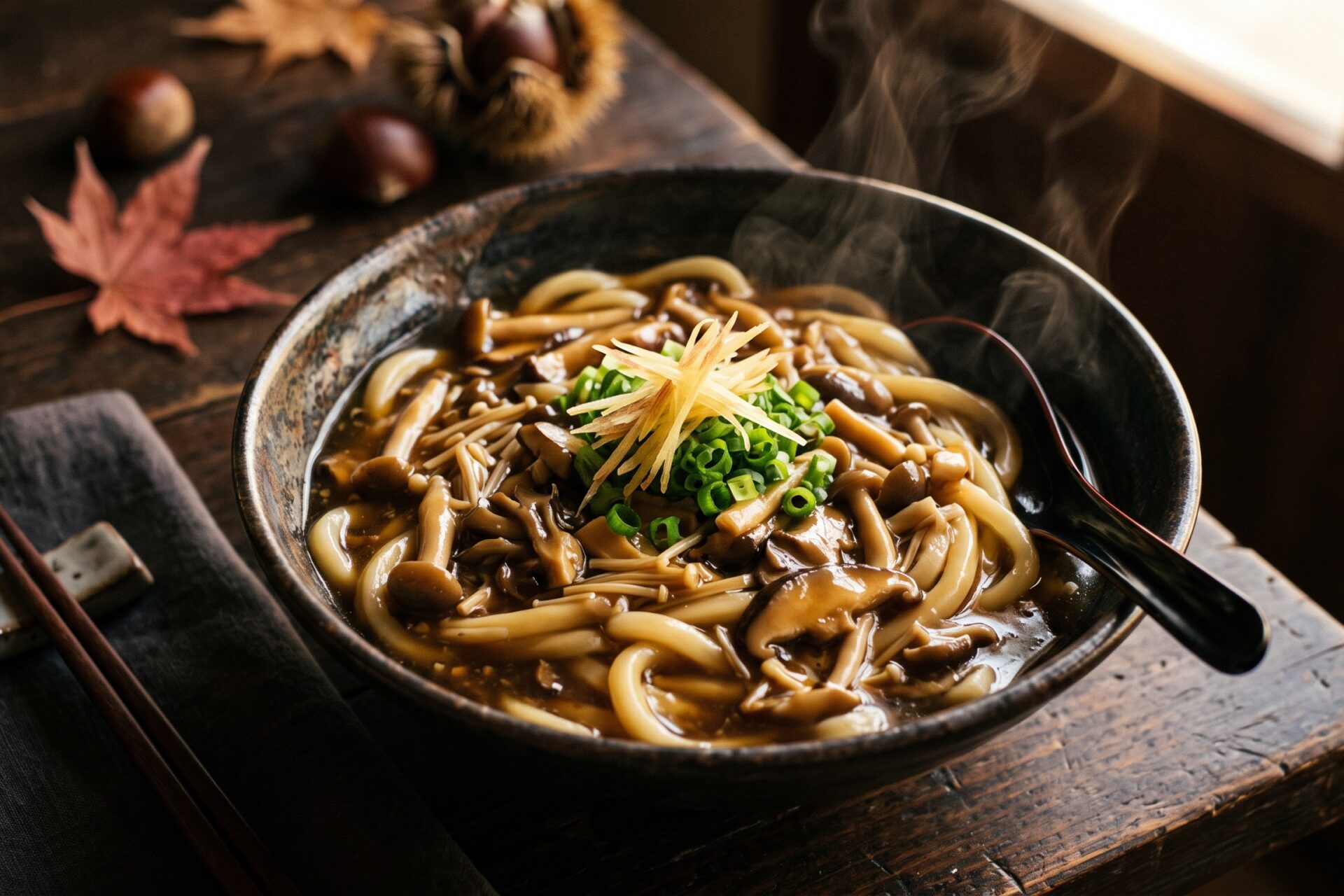 きのこあんかけの湯気立つ米粉うどん。秋の根菜や生姜を添えた、広島発・無添加グルテンフリー米粉うどんの秋メニュー。